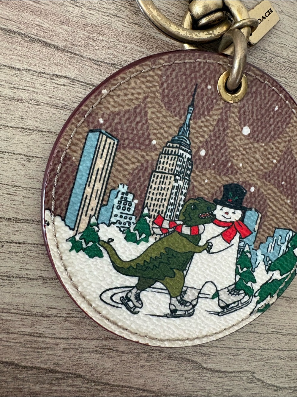 Coach Holiday Skate Dino & Snowman Leather Key Ring - Brown/Green/White/Red